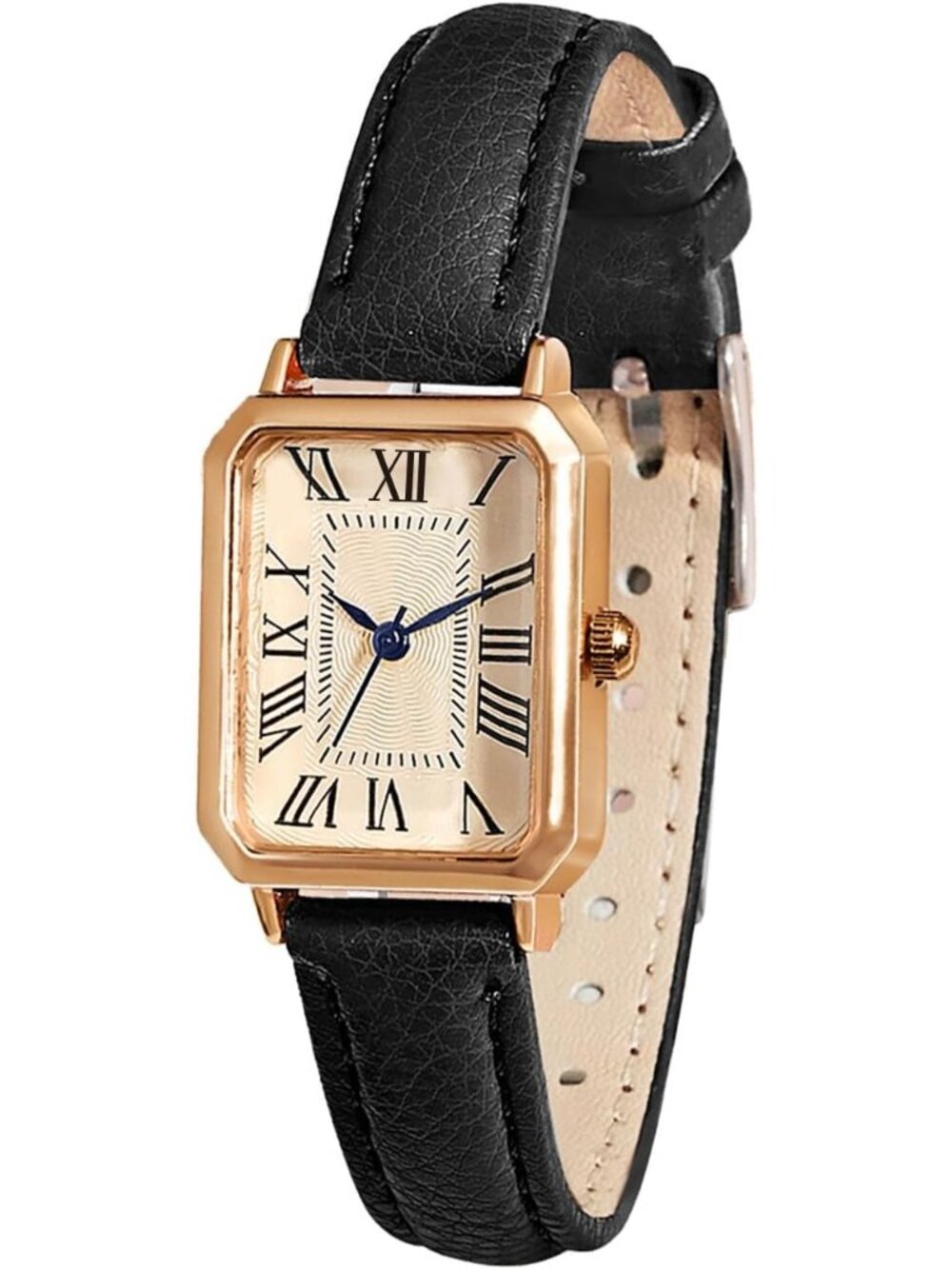 Women's Black Gold Vintage Rectangle Elegant Dainty Leather Strap Quartz Watch
